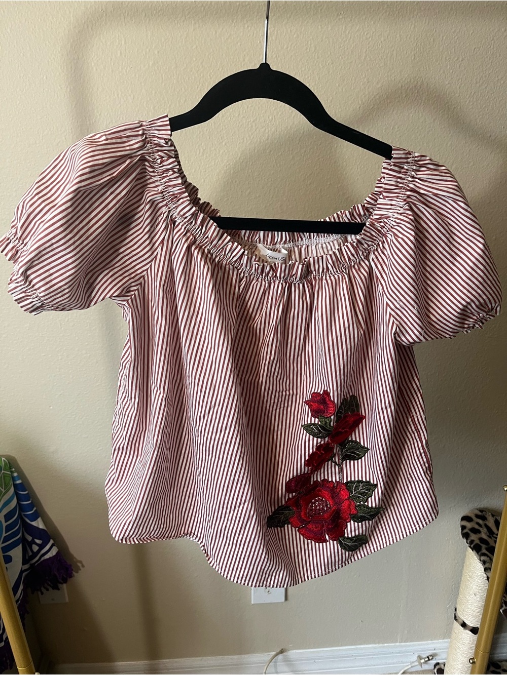 Active USA Red & White Striped Off-Shoulder Top with Rose Appliqué